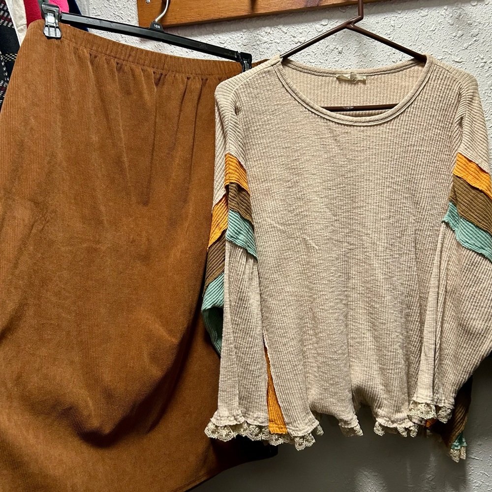 3piece Striped Beige Top, Skirt